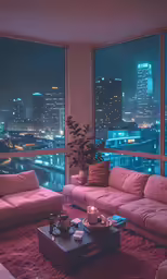 an apartment living room with a view and lights from the window