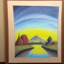 /tmp/FOOcE07Tb.jpg = a drawing is hanging on the wall in front of a painting
,/tmp/FOOcE07Tb.jpg = a drawing by a small child on the wall
,/tmp/FOOcE07Tb.jpg = a painting of colorful houses by water in a room
,/tmp/FOOcE07Tb.jpg = a drawing of a country scene near a lake
,/tmp/FOOcE07Tb.jpg = the drawing is hanging up in the room
,/tmp/FOOcE07Tb.jpg = a drawing of a village by water with hills and mountains in the background
,/tmp/FOOcE07Tb.jpg = a drawing of two buildings on a small hill
