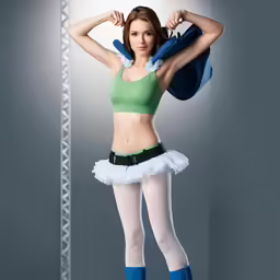 an attractive young woman in green top and blue boots