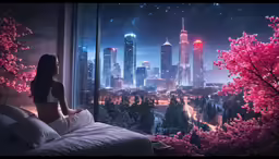 girl staring out of window with city skyline in background