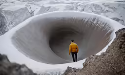 the person is walking toward the large hole in the ground