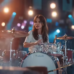 the woman is playing the drum set in the dark
