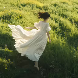 a woman in a dress walking through the grass