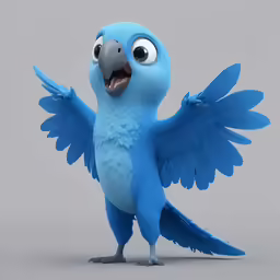 a blue bird with large wings standing on one leg