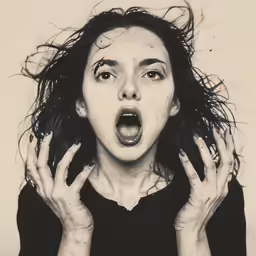 a woman with her hands out and hair blowing in the wind