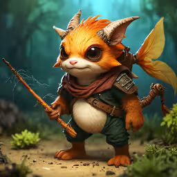 a painting of a weird looking animal wearing a scarf,a cartoon character with big ears and an interesting outfit