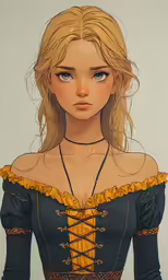 the head and shoulders of a drawing of a young blonde woman wearing a blue dress