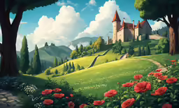 a colorful scenery with a castle and flowers