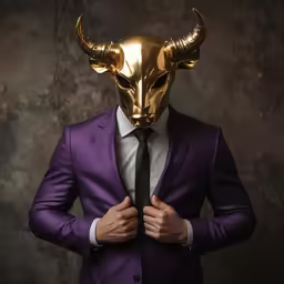 man in purple suit and mask looking down while wearing a purple coat
