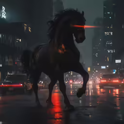a horse running in the rain on a busy city street