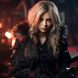 young blonde with black outfit posing for picture,woman in black jacket and fur collar staring at camera