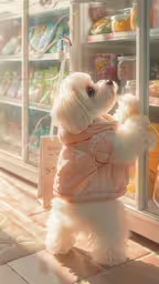 the dog has all kinds of clothes in front of the freezer,a dog with its front paws on the side of a freezer door