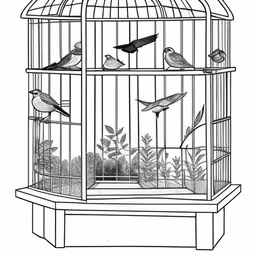 several birds are sitting in a cage,a bird in a cage with birds inside