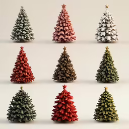 a bunch of fake ornaments that look like trees