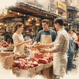 a group of people standing in front of produce stands