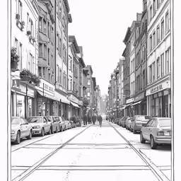 a drawing of the back street of a small town