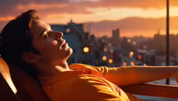 a young woman is watching the city from the top of a hill,a woman looking up at the sunset from her balcony