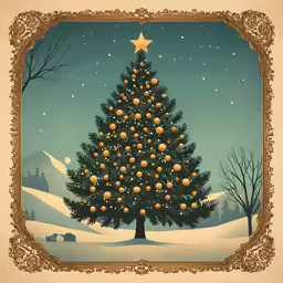 a christmas tree on a snowy hill in a gold frame