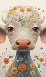 a drawing of a cow in a floral dress