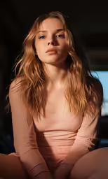 a woman with blonde hair in pink shirt