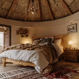 the inside of a room with bed and lamp