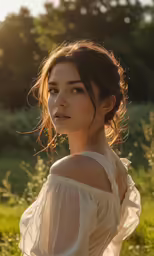 woman posing in field with bright sunlight coming through her ears