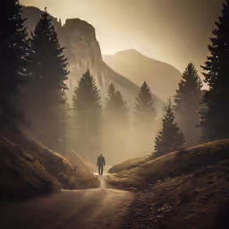 a person standing on a mountain road at night