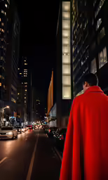 a man dressed as superman standing in the middle of the street at night