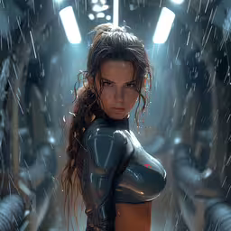 a sexy girl in a wet suit on a movie set,a sexy woman wearing a black bikini in the rain