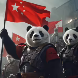 a number of panda bears holding flags in front of a building