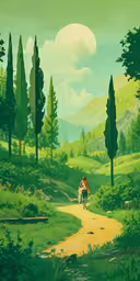 an artistic painting of a person walking down a dirt road,two people walking down a dirt path with mountains in the background