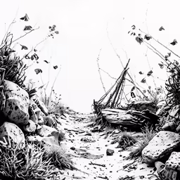 some water plants rocks dirt and sand