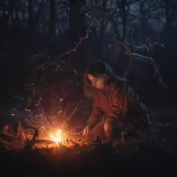 the woman is tying thread on a campfire