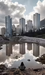 a body of water with tall buildings on the shore