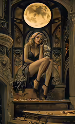 a woman sitting on the steps in front of a clock