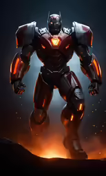the iron man is standing on a fire