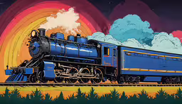 a drawing of a train going down the tracks,a blue train on tracks and colorful rainbow