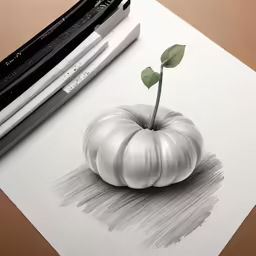 pencils, drawing of an apple and a leaf