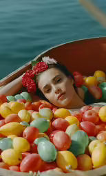 a woman lying in an open wooden boat with colorful fruit on the deck