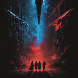 three people standing in a dark street with a large red and blue light behind them