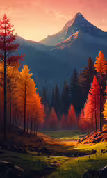 colorful trees line the ground of a forest with a view of a mountain,a painting of a sunset with mountains and trees