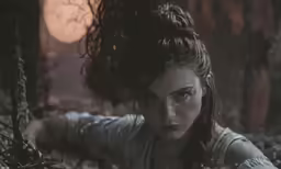 a girl standing in the middle of a forest