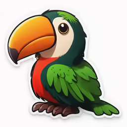 a parrot sticker with a colorful bird on the front