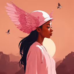 a girl with pink wings on her head wearing a white shirt,the artwork depicts a girl with wings wearing a pink hat