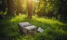 a small suitcase in the grass near trees