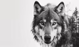 a black and white photo of a wolf looking into the camera