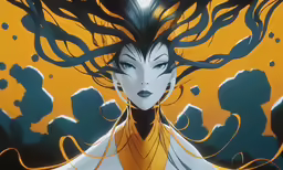 the girl in a costume with big, wavy hair