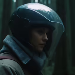 the woman in the black helmet is looking at something