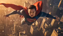 a young man flying through the air over a city