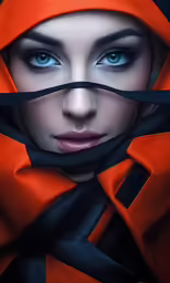 a woman in a red hoodie is staring